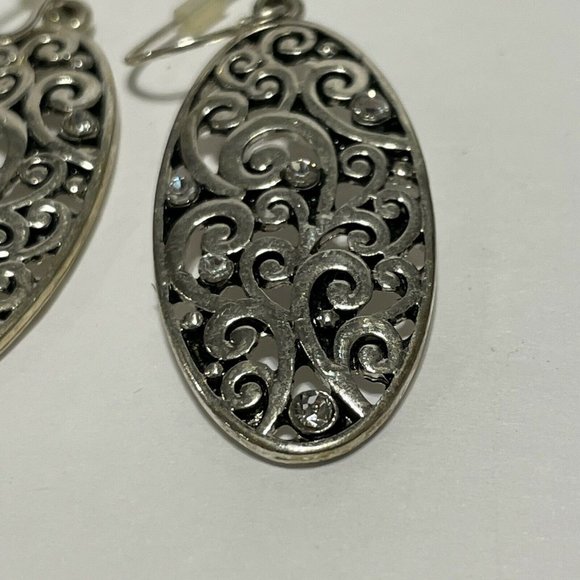 silver tone openwork scroll dangle hook earrings Filigree Rhinestone - Picture 4 of 7